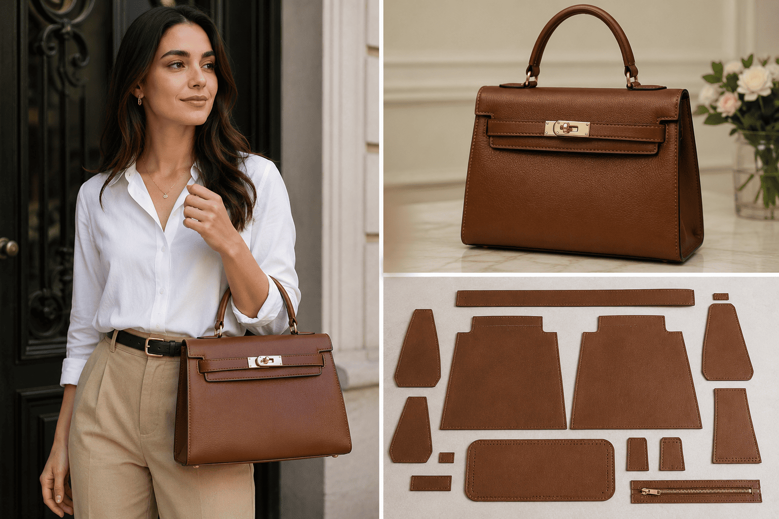 Mulher segurando uma bolsa de couro marrom, com a bolsa em detalhe e os moldes das peças de couro
