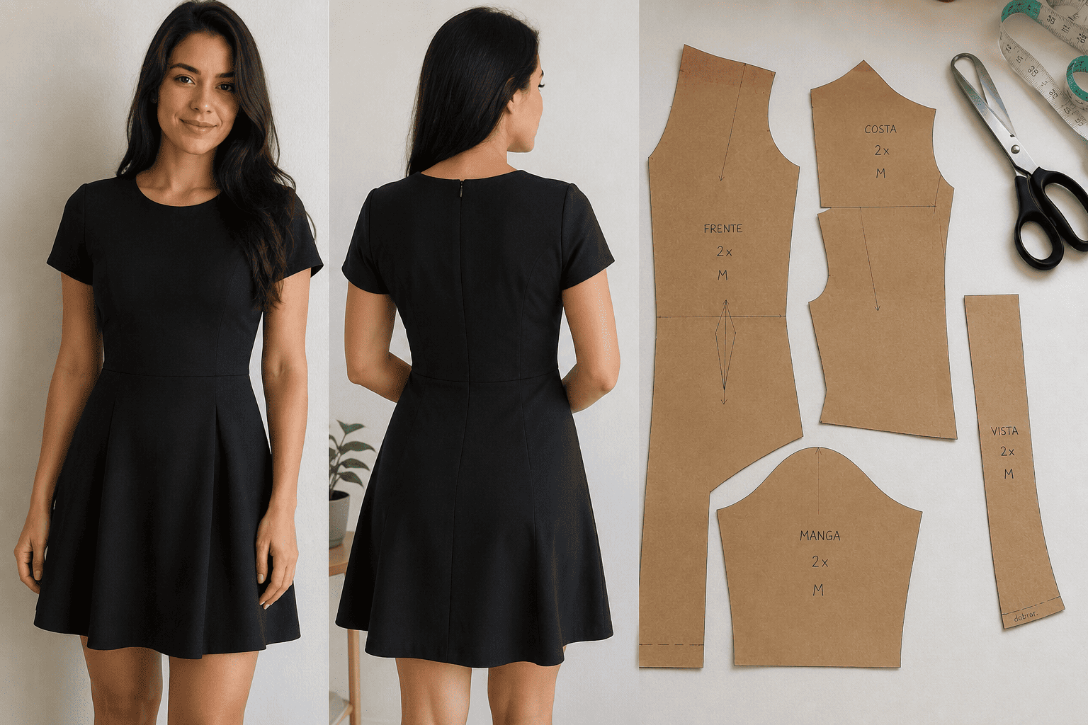 Mulher vestindo um vestido preto, mostrado de frente e de costas, ao lado dos moldes do vestido em papel kraft