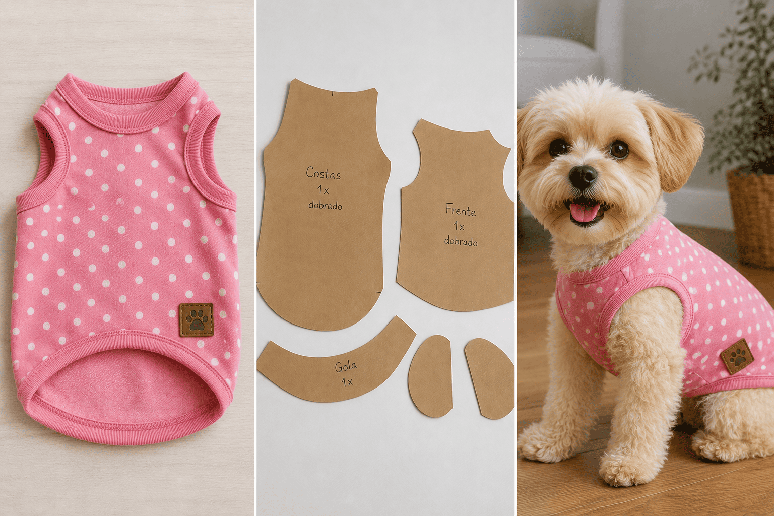 Roupinha rosa de poá para pet com seus moldes em papel kraft e um cachorrinho vestindo a peça