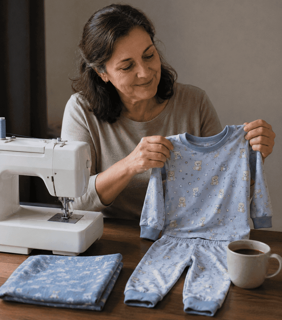Mulher sorrindo enquanto segura um pijama infantil azul que costurou, ao lado da máquina de costura e uma xícara de café