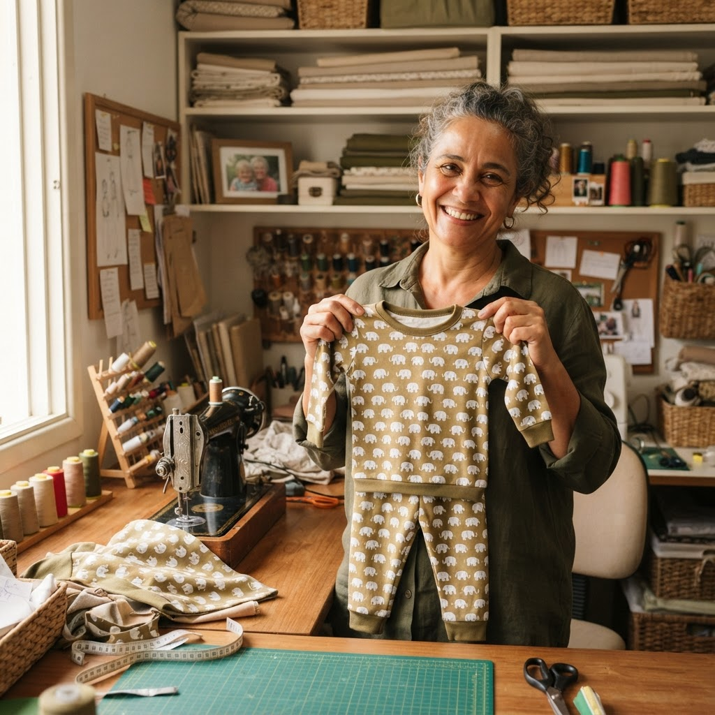 Mulher feliz mostrando um pijama infantil que produziu em casa