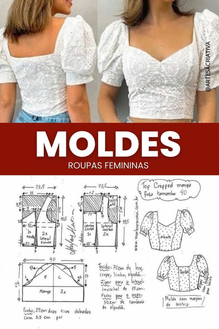 Molde de blusa feminina cropped com manga bufante