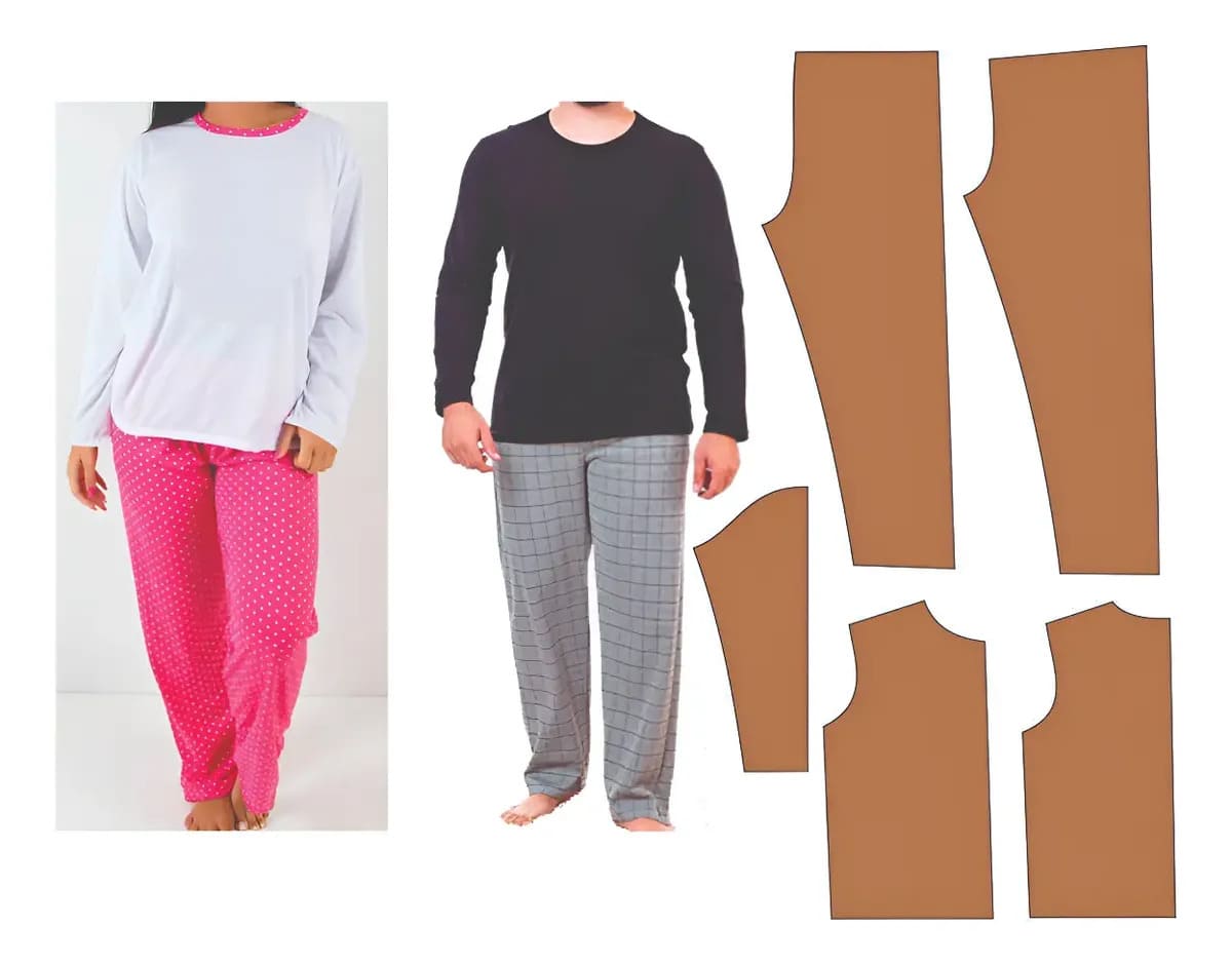 Moldes de pijama feminino e masculino com calça