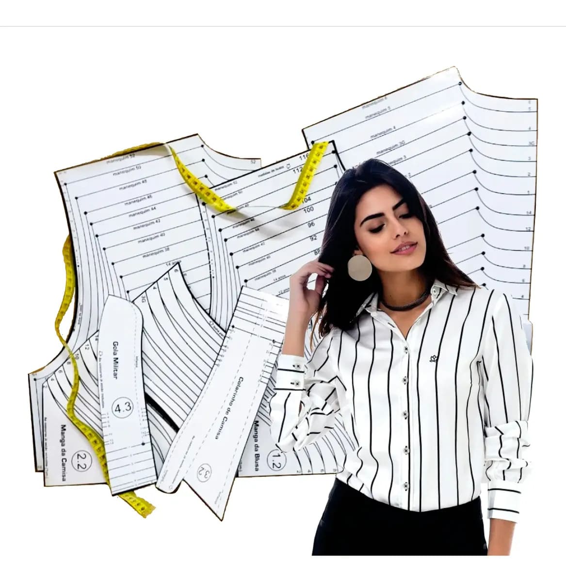 Molde de camisa social feminina com tabela de tamanhos