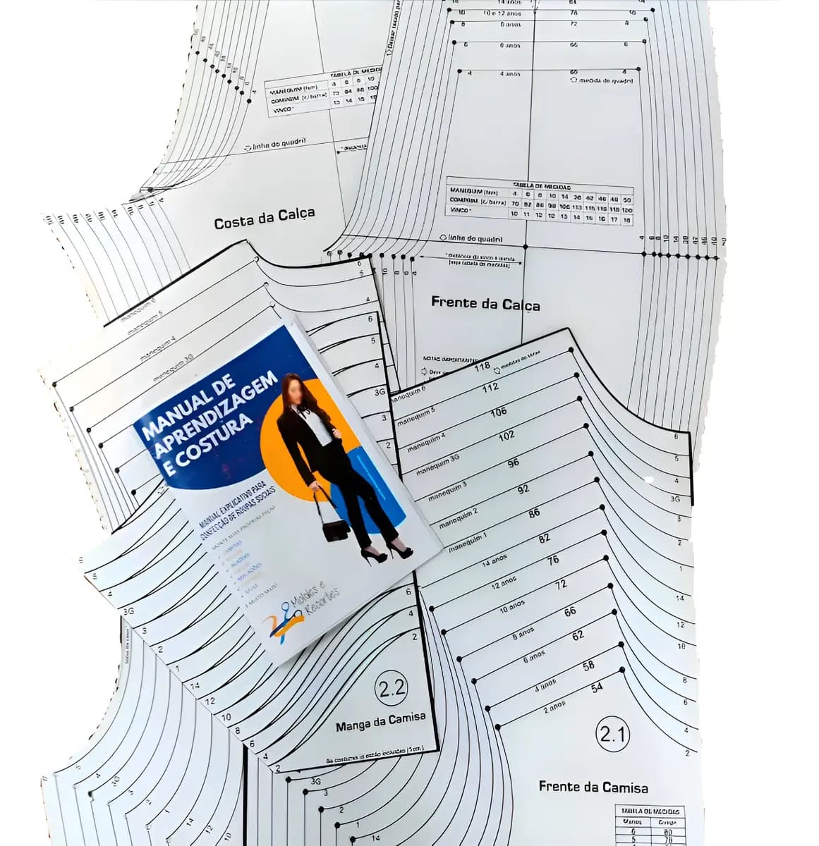 Kit de moldes de calça e camisa com manual de costura