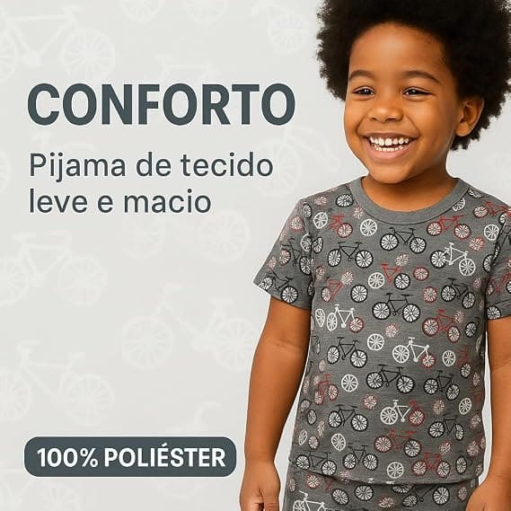Pijama infantil cinza com estampa de bicicletas