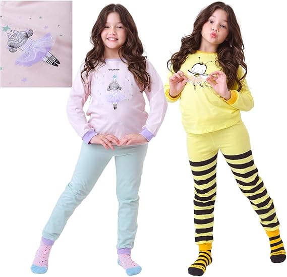 Pijamas infantis de manga longa em rosa e amarelo