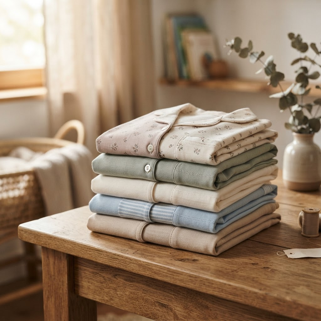 Pilha de pijamas infantis prontos e dobrados
